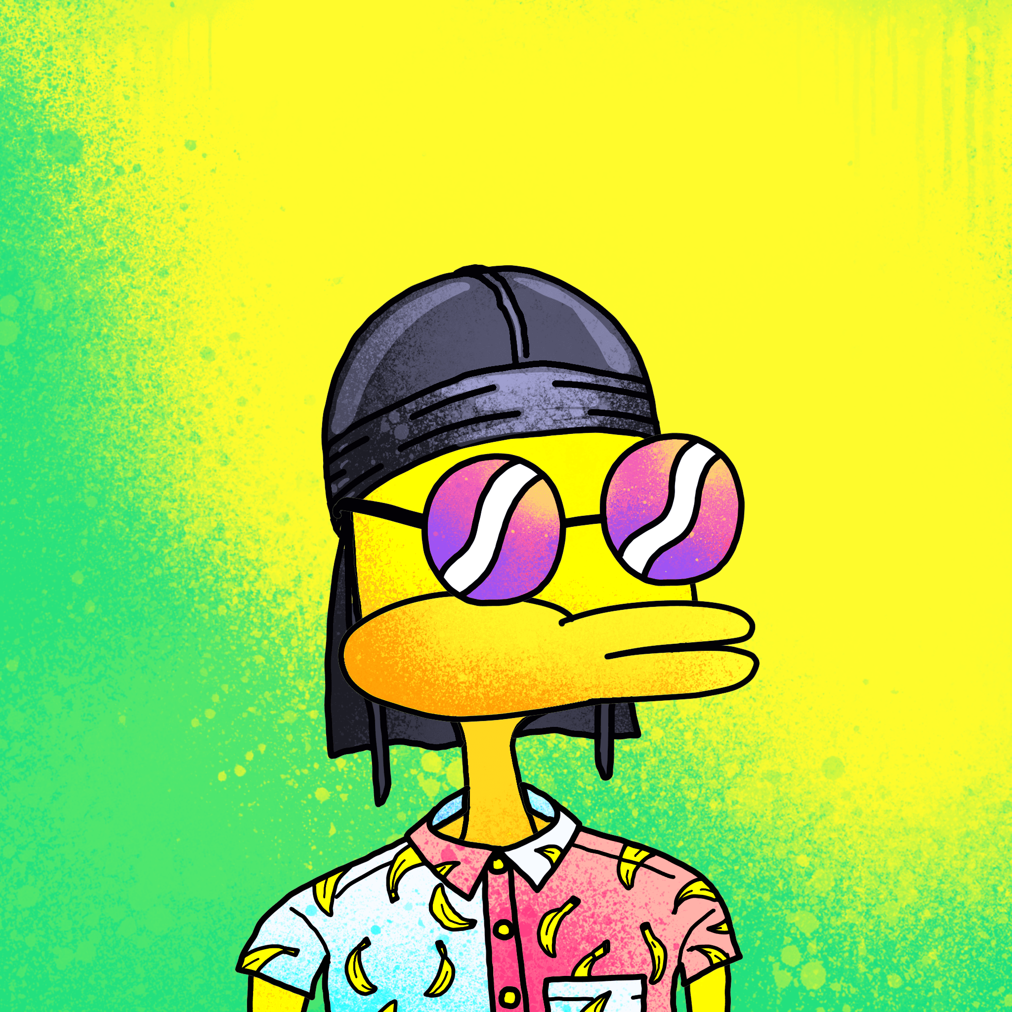 Theophilus Duckland — a yellow duck in a black durag, round tinted sunglasses and a banana-print shirt